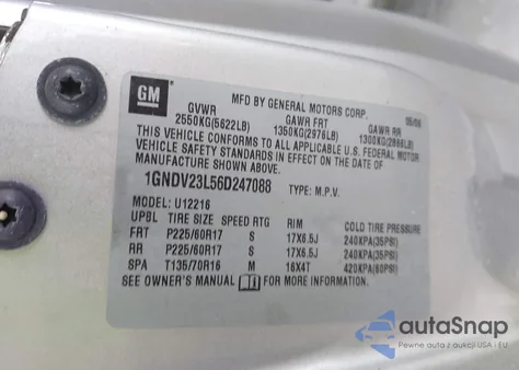 2006 Chevrolet Uplander Ls из США, поврежденный, VIN 1GNDV23L56D247088